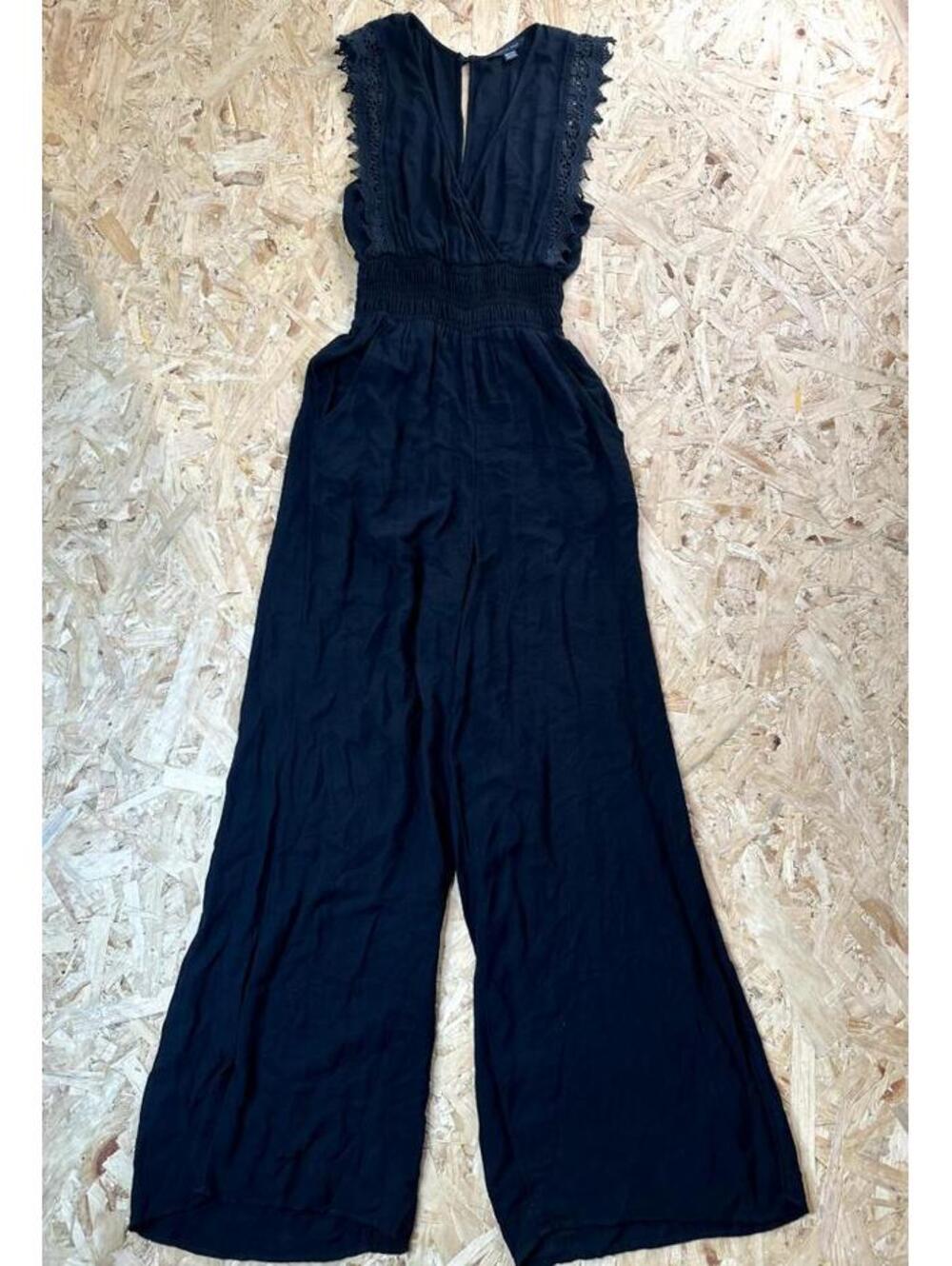 American Eagle Jumpsuit Womens XS Black Wide Leg Lace Trim Smocked Waist Boho